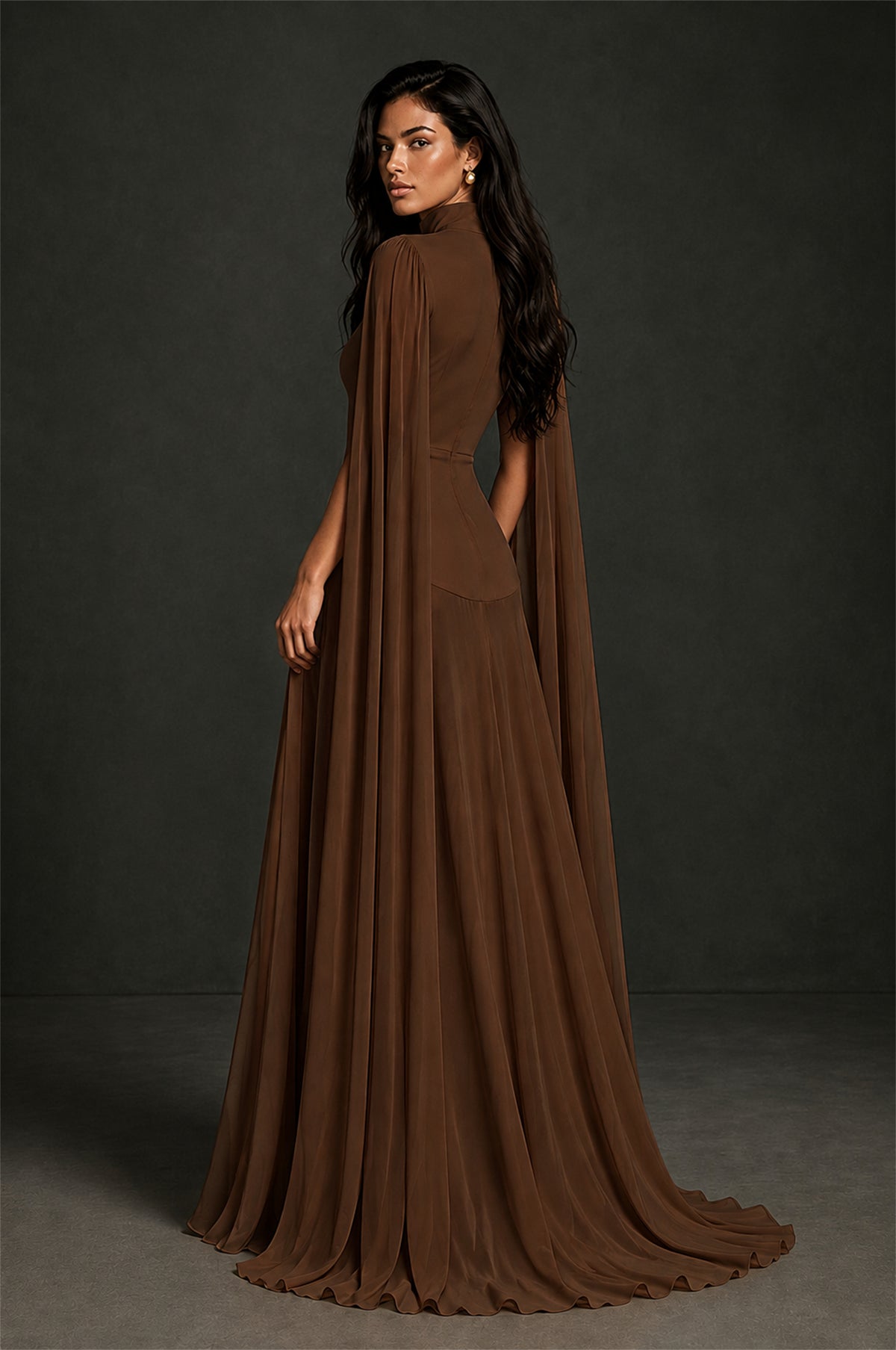 BOLODOO Chocolate Mock Neck Cape Sleeve A-Line Chiffon Maxi Dress - Chocolate - Chocolate (2)