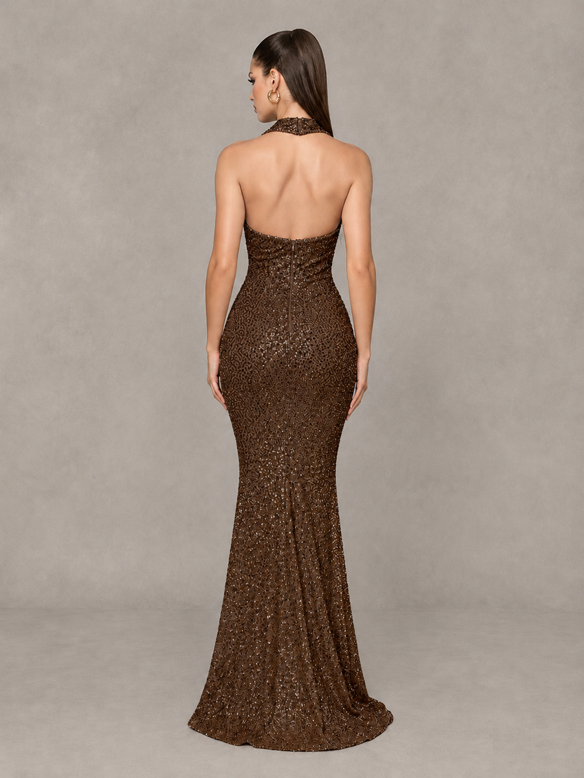 BOLODOO Chocolate Sequin Halter Mermaid Evening Gown - Chocolate - Chocolate (2)