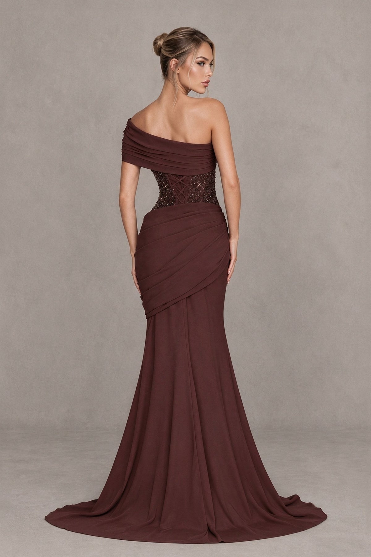 BOLODOO Chocolate One-Shoulder Sequin Embroidered Ruched Mermaid Gown with Train - Chocolate - Chocolate (2)