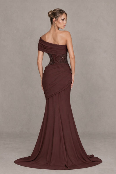 BOLODOO Chocolate One-Shoulder Sequin Embroidered Ruched Mermaid Gown with Train - Chocolate - Chocolate (2)
