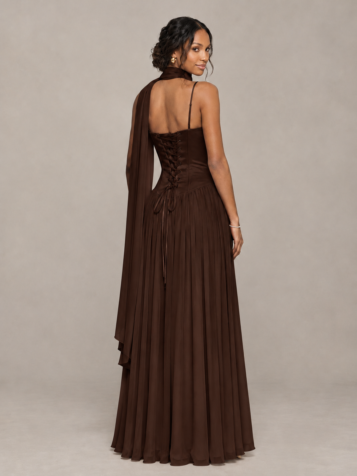 BOLODOO Chocolate Corset Bridesmaid Dress with Scarf - Chocolate - Chocolate (2)