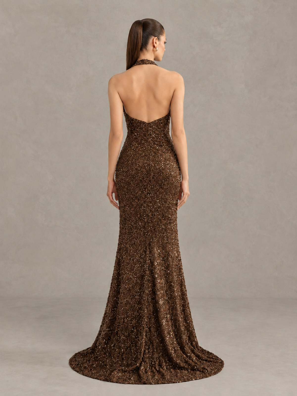 BOLODOO Chocolate Sequin Halter Open Back Evening Gown with High Slit - Chocolate - Chocolate (2)