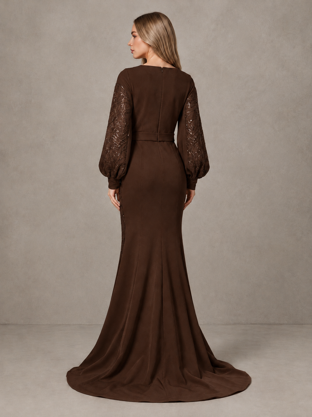 BOLODOO Chocolate Sequin Long Bishop Sleeve Mermaid Evening Dress - Chocolate - Chocolate (2)