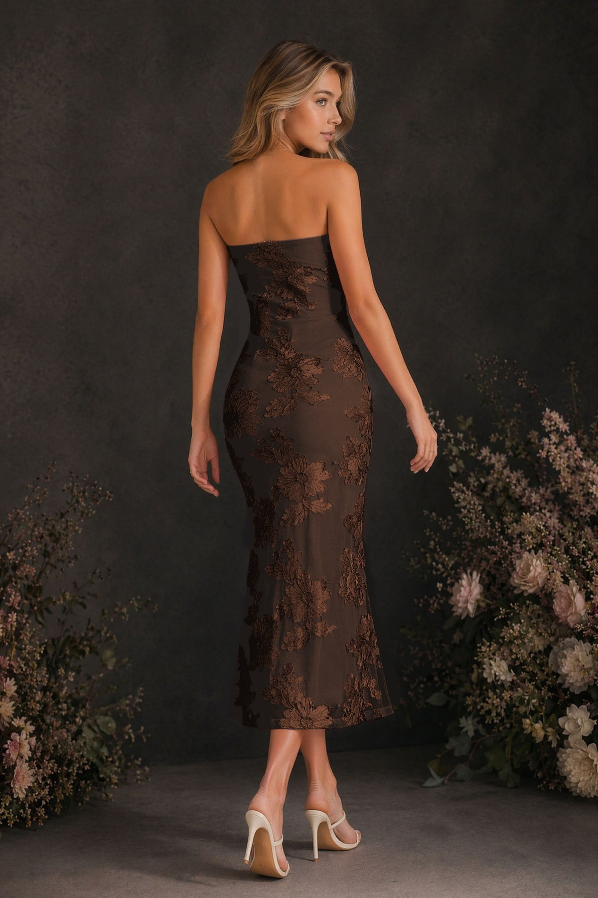 BOLODOO Chocolate Tonal Floral Embroidered Mesh Strapless Open Back Bodycon Midi Tea Length Dress - Chocolate