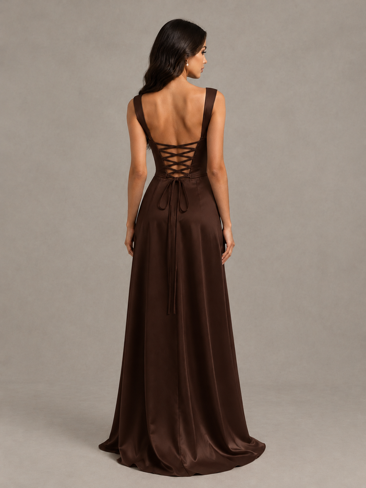 BOLODOO Chocolate Satin Lace-Up Bridesmaid Dress with Slit - Chocolate - Chocolate (2)