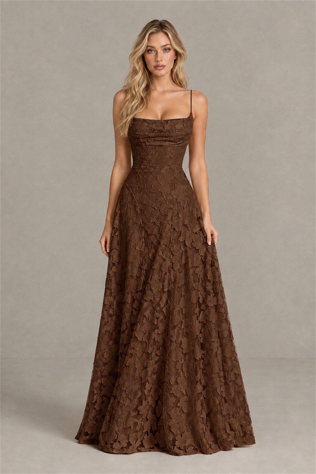 BOLODOO Chocolate Floral Appliqué Lace-Up Back Maxi Dress - Chocolate