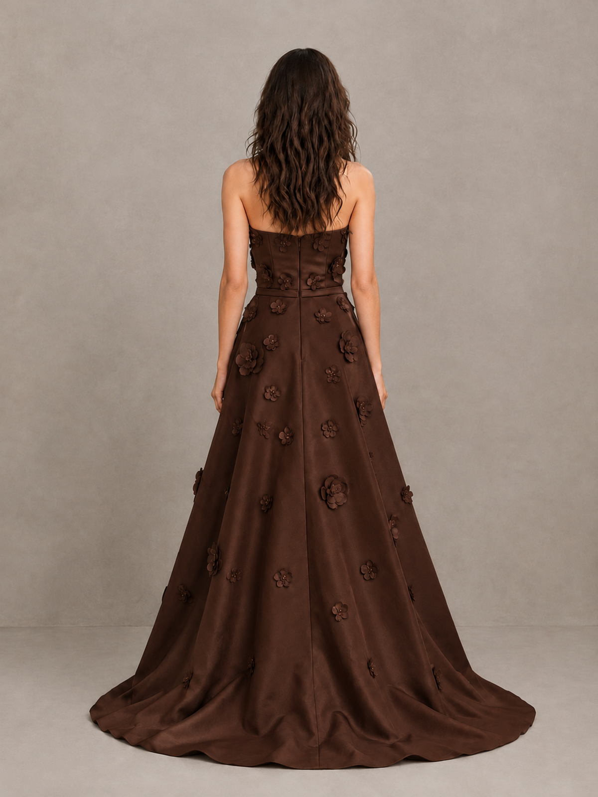 BOLODOO Chocolate Strapless 3D Floral Applique Prom Gown with Draped Skirt - Chocolate - Chocolate (2)