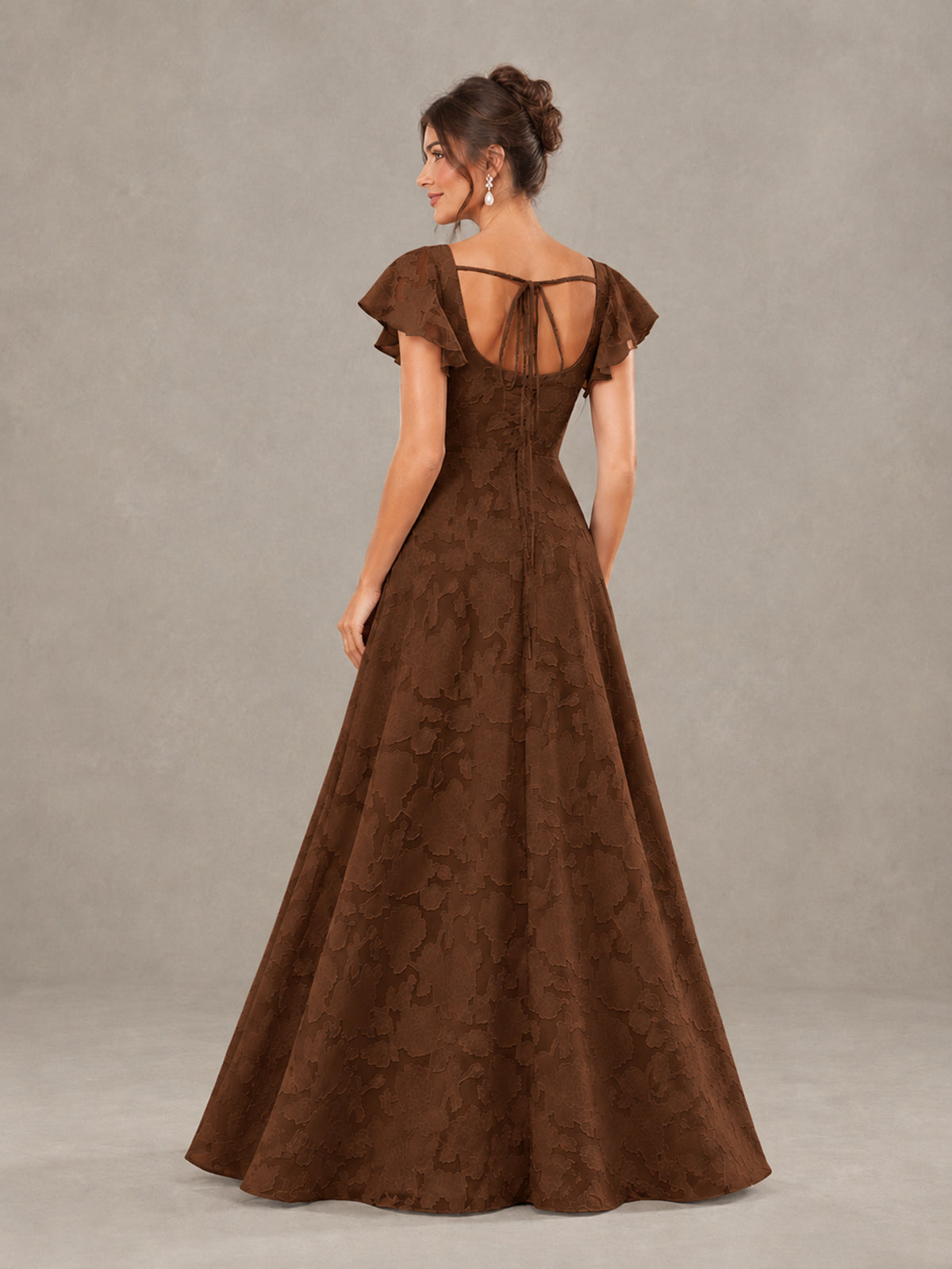 BOLODOO Chocolate Floral Flutter Sleeve Bridesmaid Dress with Slit - Chocolate - Chocolate (2)