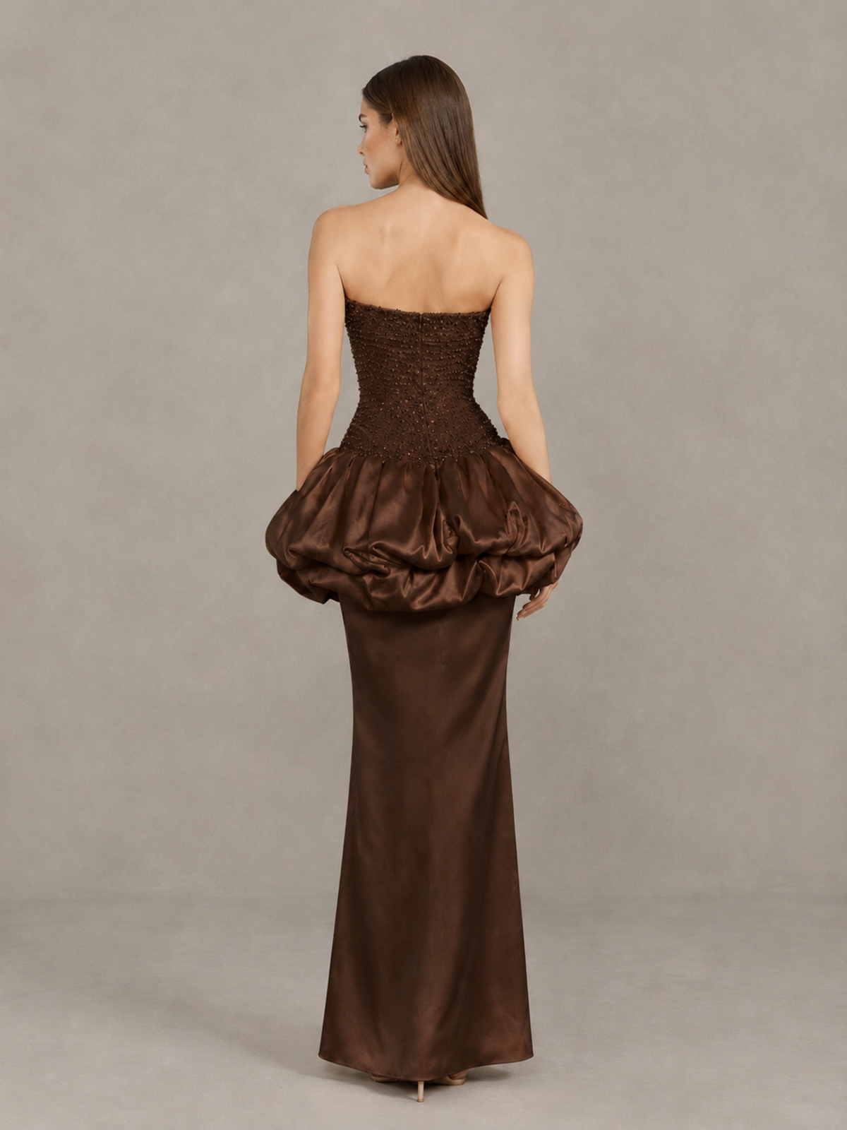 BOLODOO Chocolate Strapless Embellished Bubble Peplum Evening Dress - Chocolate - Chocolate (2)