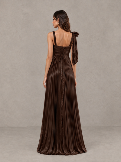 BOLODOO Chocolate Pleated Bow-Strap Bridesmaid Maxi Dress - Chocolate - Chocolate (2)