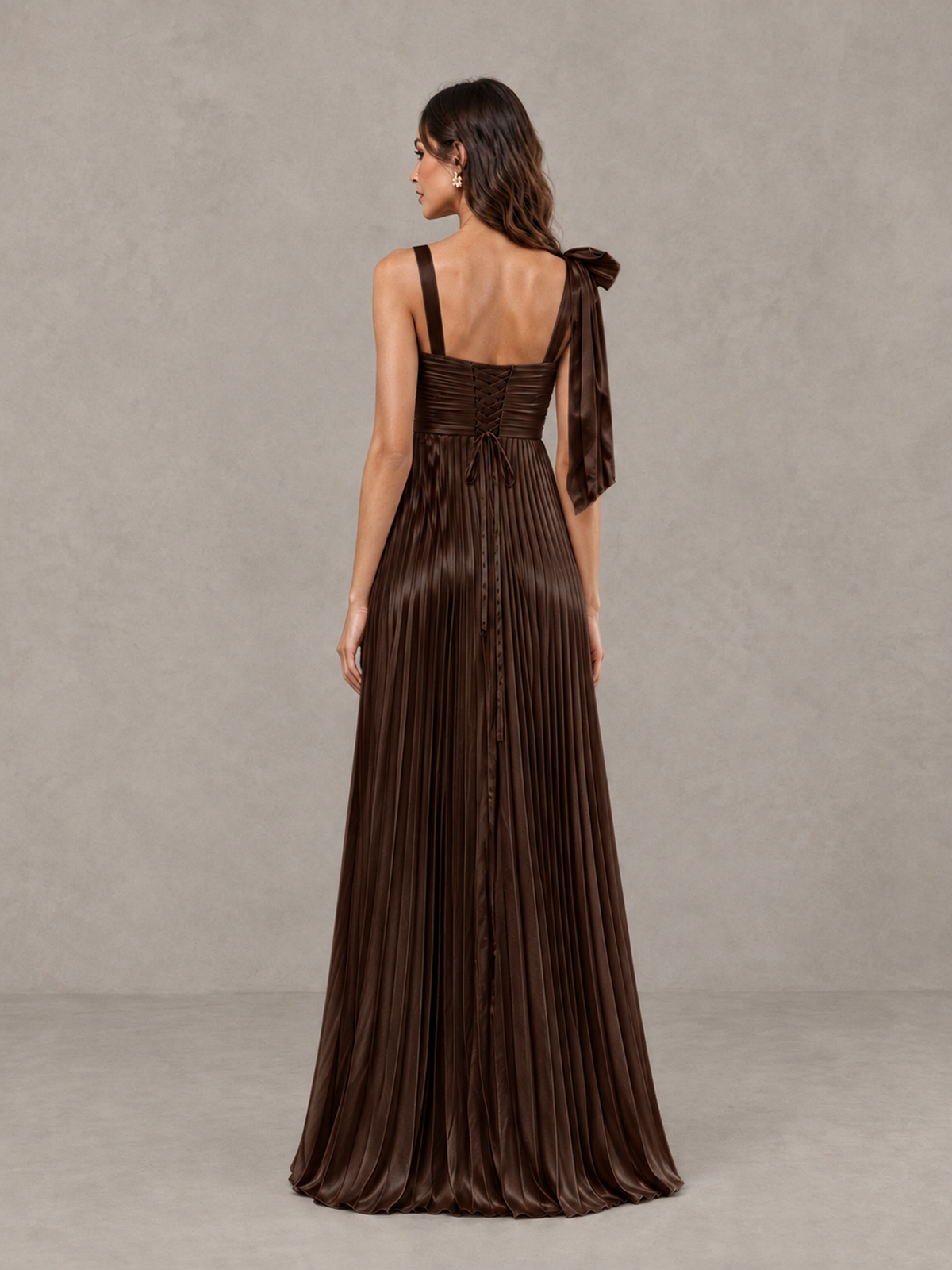BOLODOO Chocolate Pleated Bow-Strap Bridesmaid Maxi Dress - Chocolate - Chocolate (2)