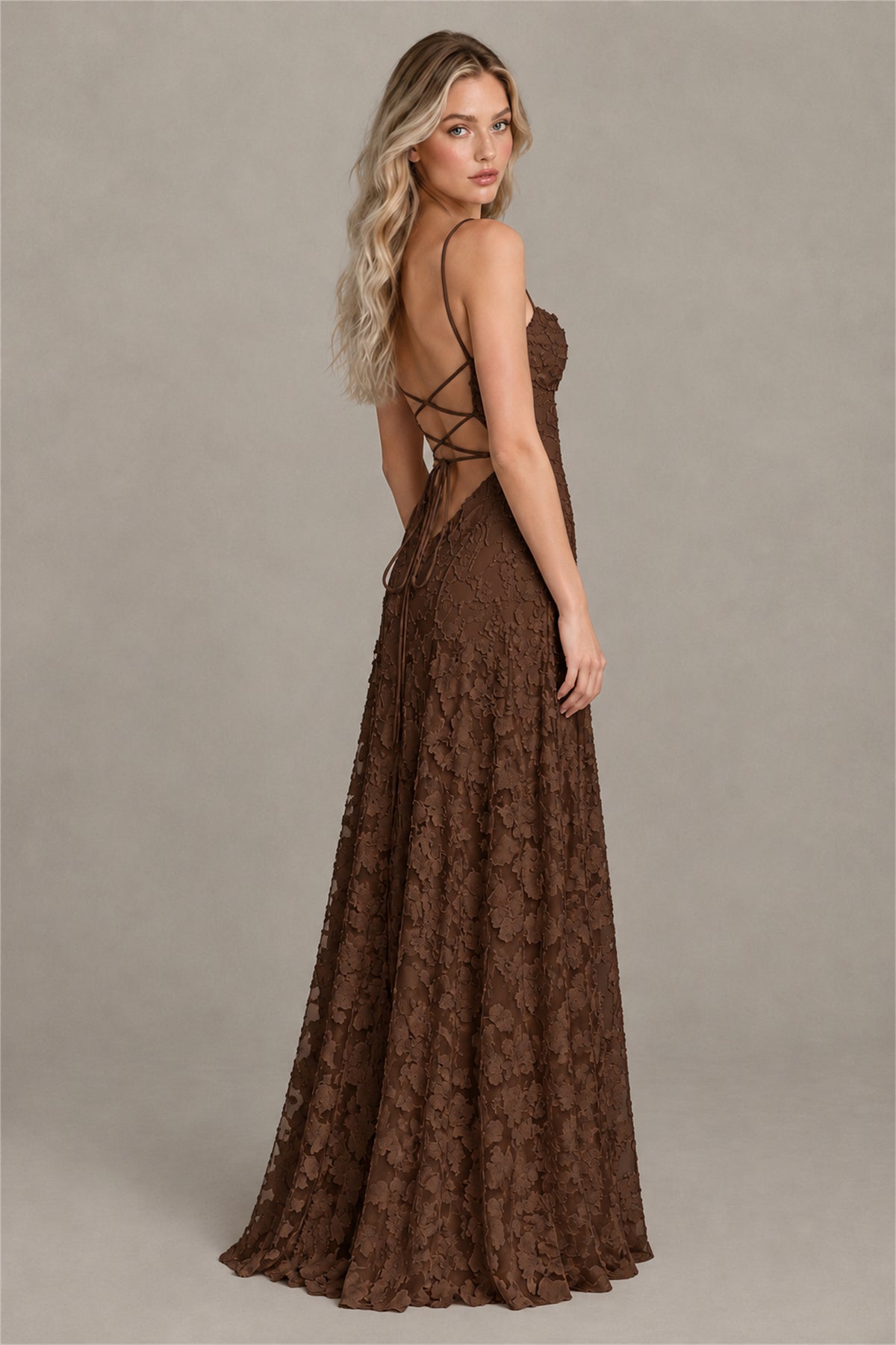 BOLODOO Chocolate Floral Appliqué Lace-Up Back Maxi Dress - Chocolate