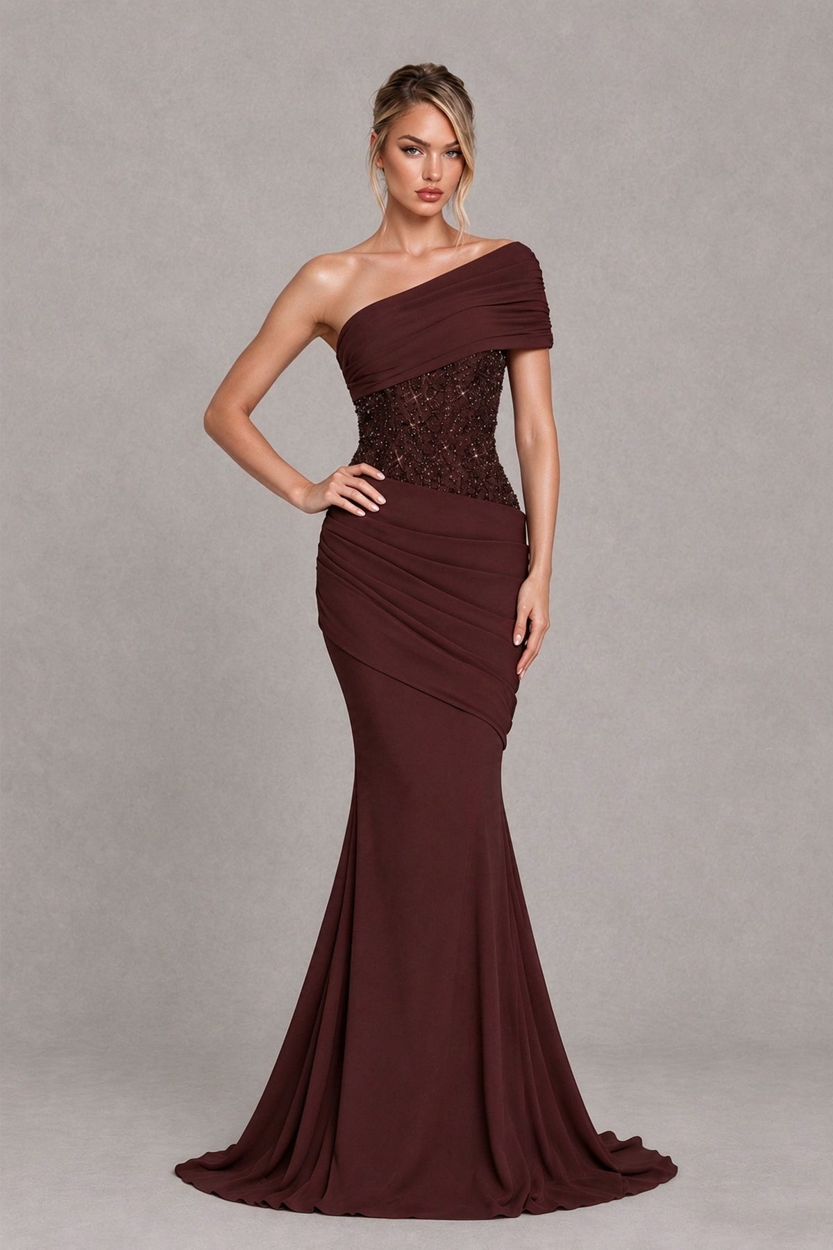 BOLODOO Chocolate One-Shoulder Sequin Embroidered Ruched Mermaid Gown with Train - Chocolate - Chocolate (3)