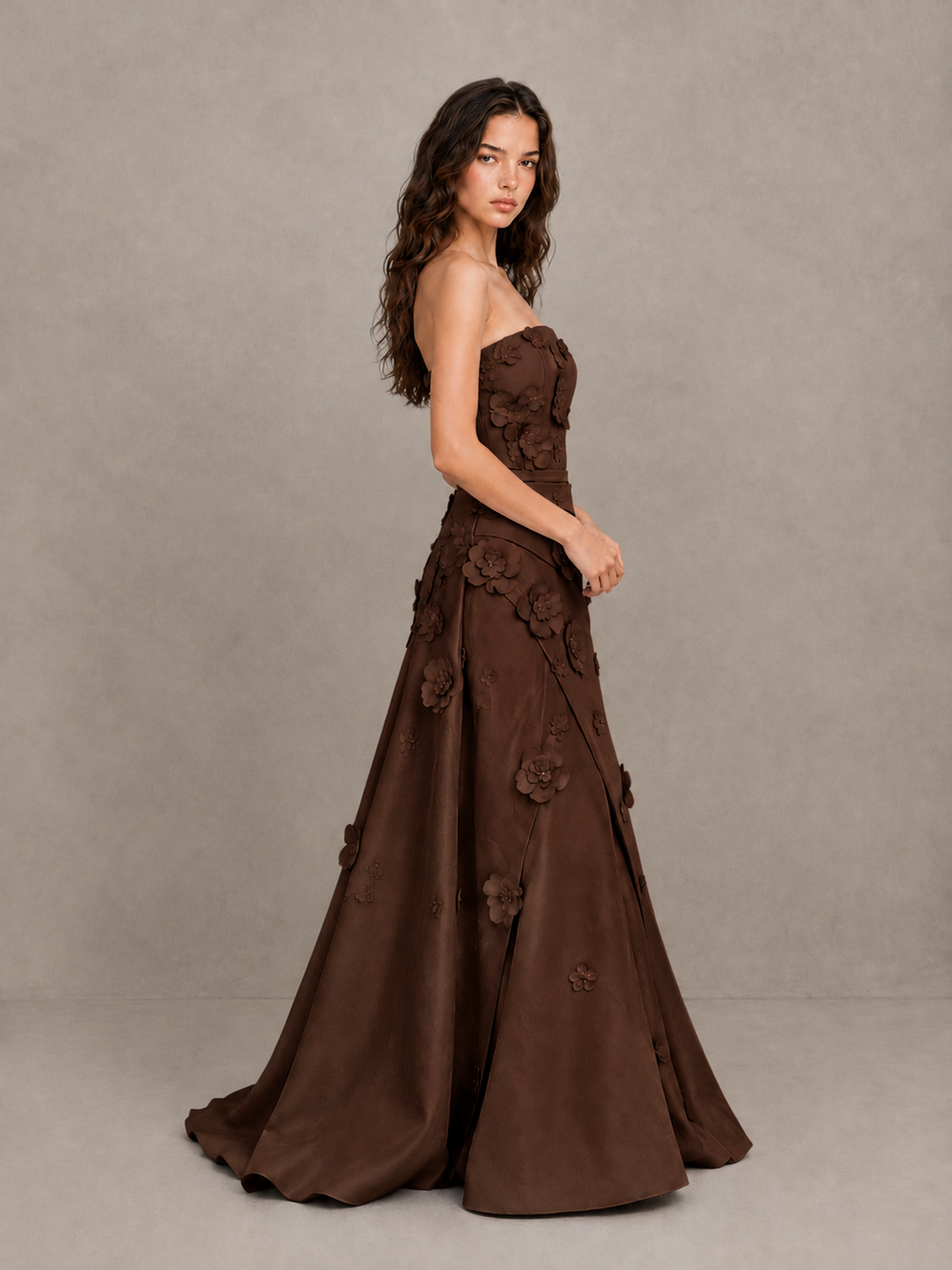BOLODOO Chocolate Strapless 3D Floral Applique Prom Gown with Draped Skirt - Chocolate - Chocolate (3)