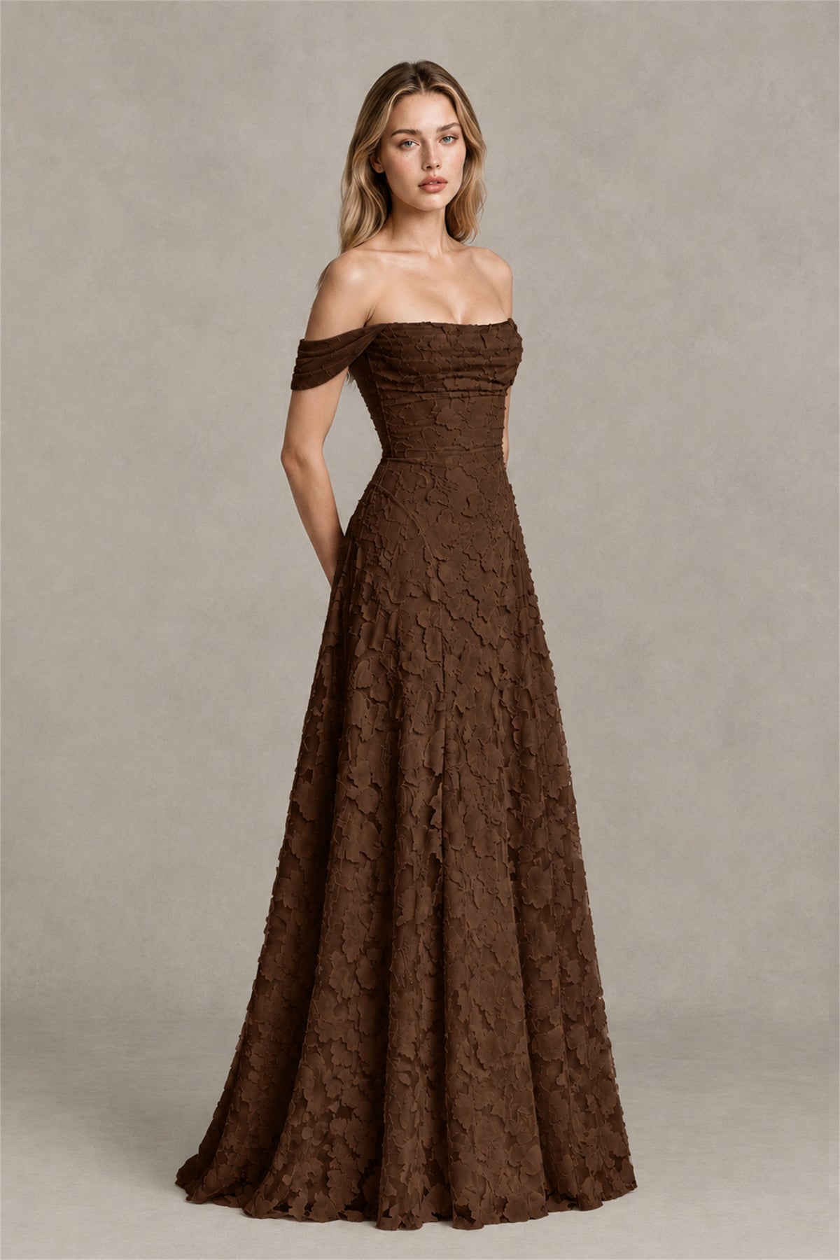 BOLODOO Chocolate Off-Shoulder Pleated A-Line Maxi Dress Floral - Chocolate
