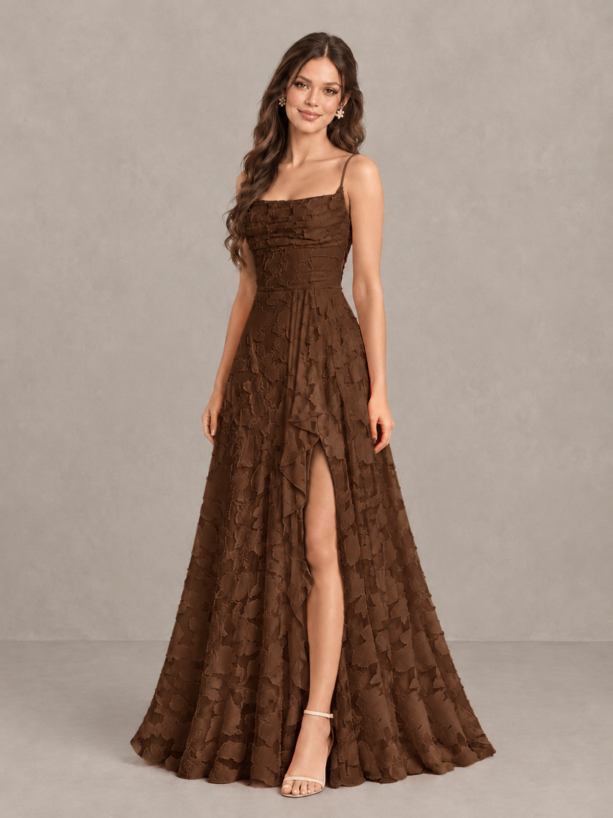 BOLODOO Chocolate Floral Appliqué Slit Maxi Dress - Chocolate - Chocolate (3)