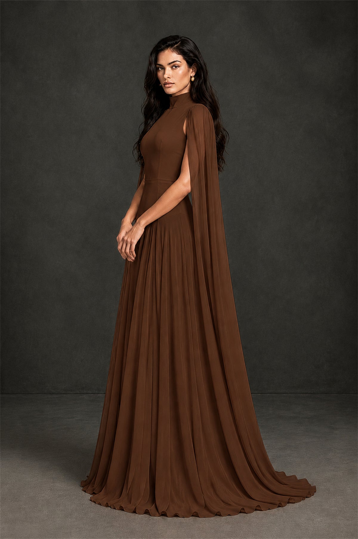 BOLODOO Chocolate Mock Neck Cape Sleeve A-Line Chiffon Maxi Dress - Chocolate - Chocolate (3)