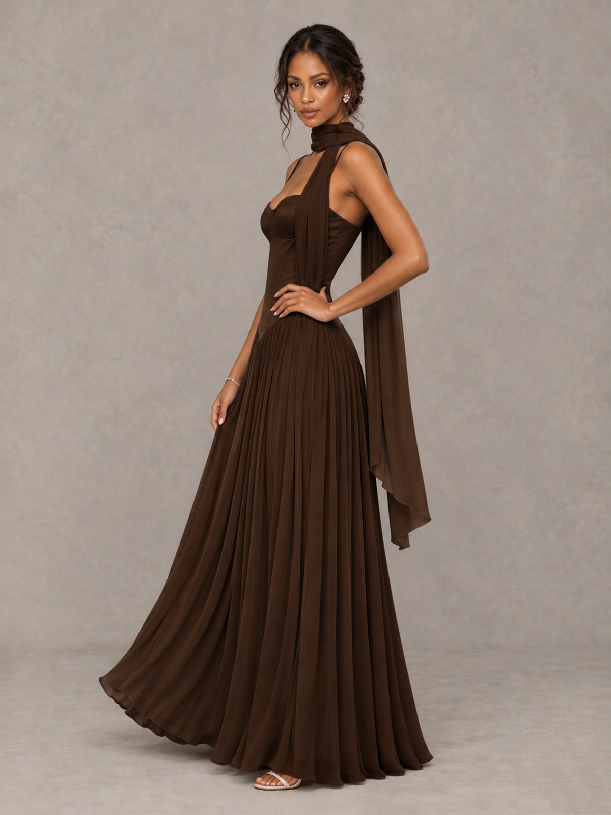 BOLODOO Chocolate Corset Bridesmaid Dress with Scarf - Chocolate - Chocolate (3)