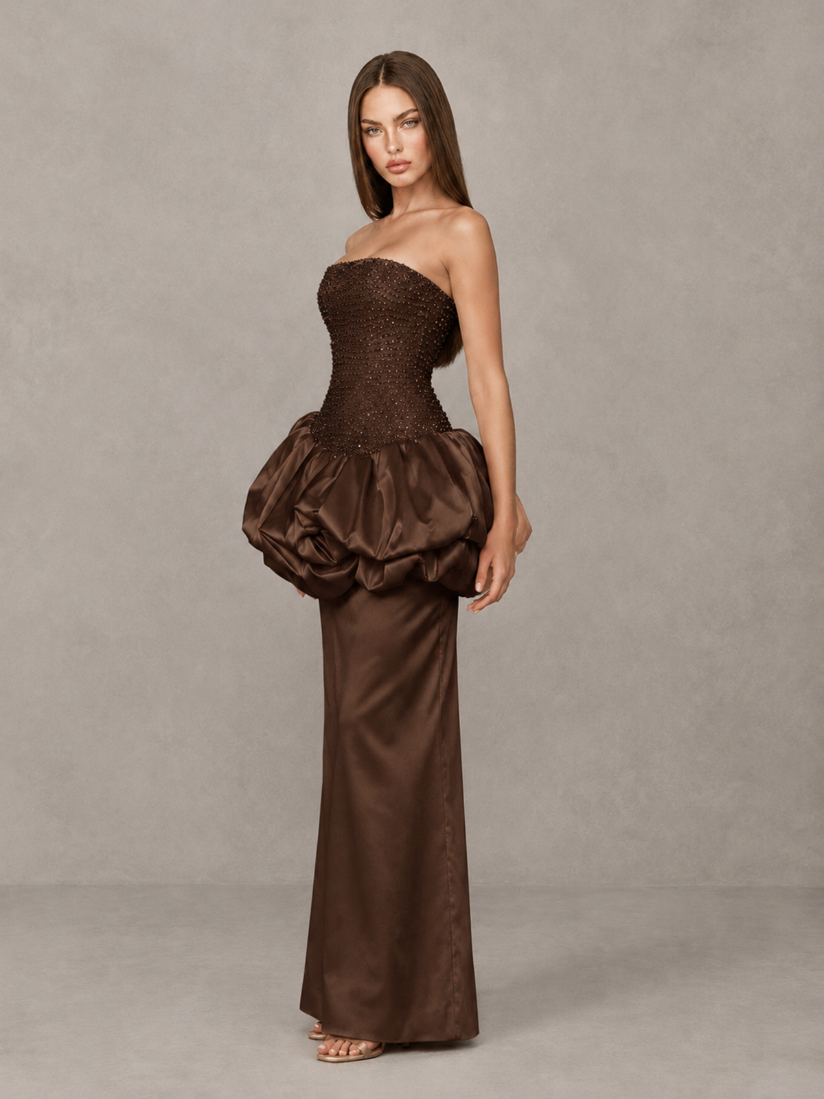 BOLODOO Chocolate Strapless Embellished Bubble Peplum Evening Dress - Chocolate - Chocolate (3)