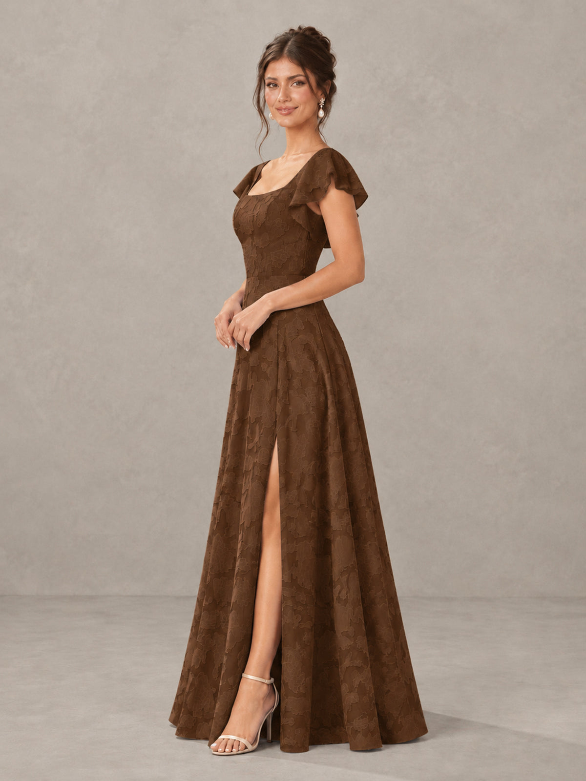 BOLODOO Chocolate Floral Flutter Sleeve Bridesmaid Dress with Slit - Chocolate - Chocolate (3)