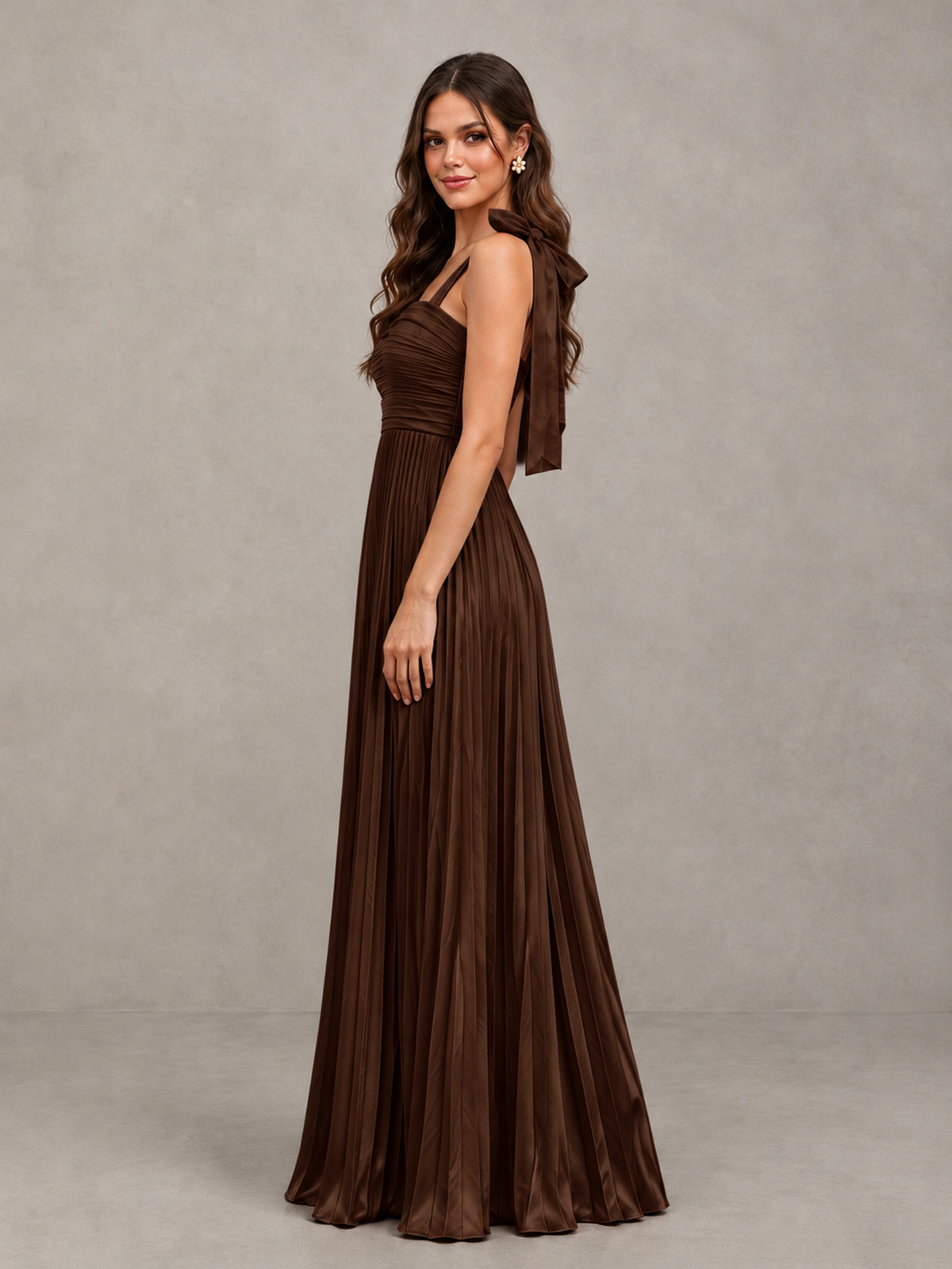 BOLODOO Chocolate Pleated Bow-Strap Bridesmaid Maxi Dress - Chocolate - Chocolate (3)