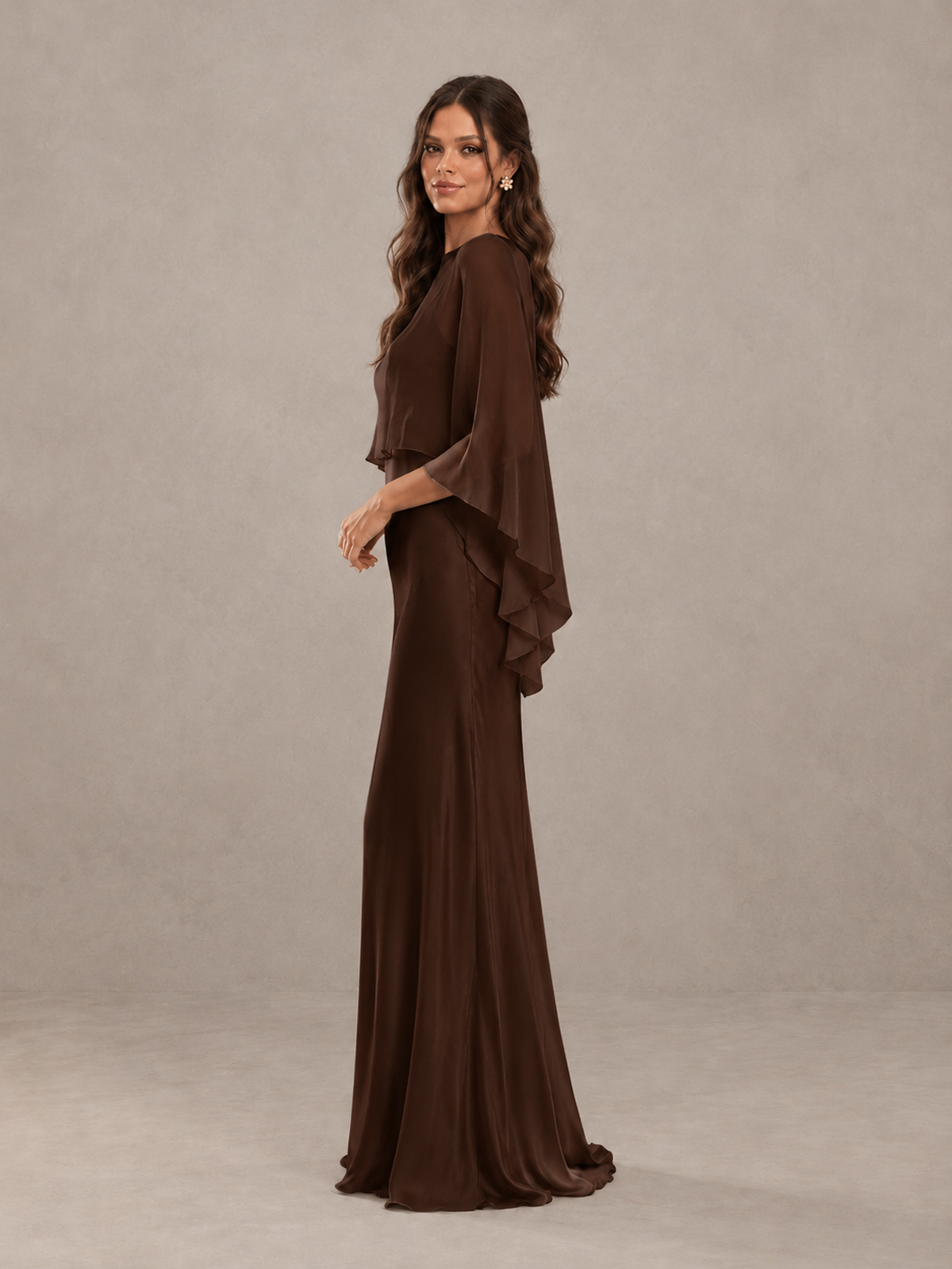BOLODOO Chocolate Satin Mermaid Bridesmaid Dress with Chiffon Cape - Chocolate - Chocolate (3)