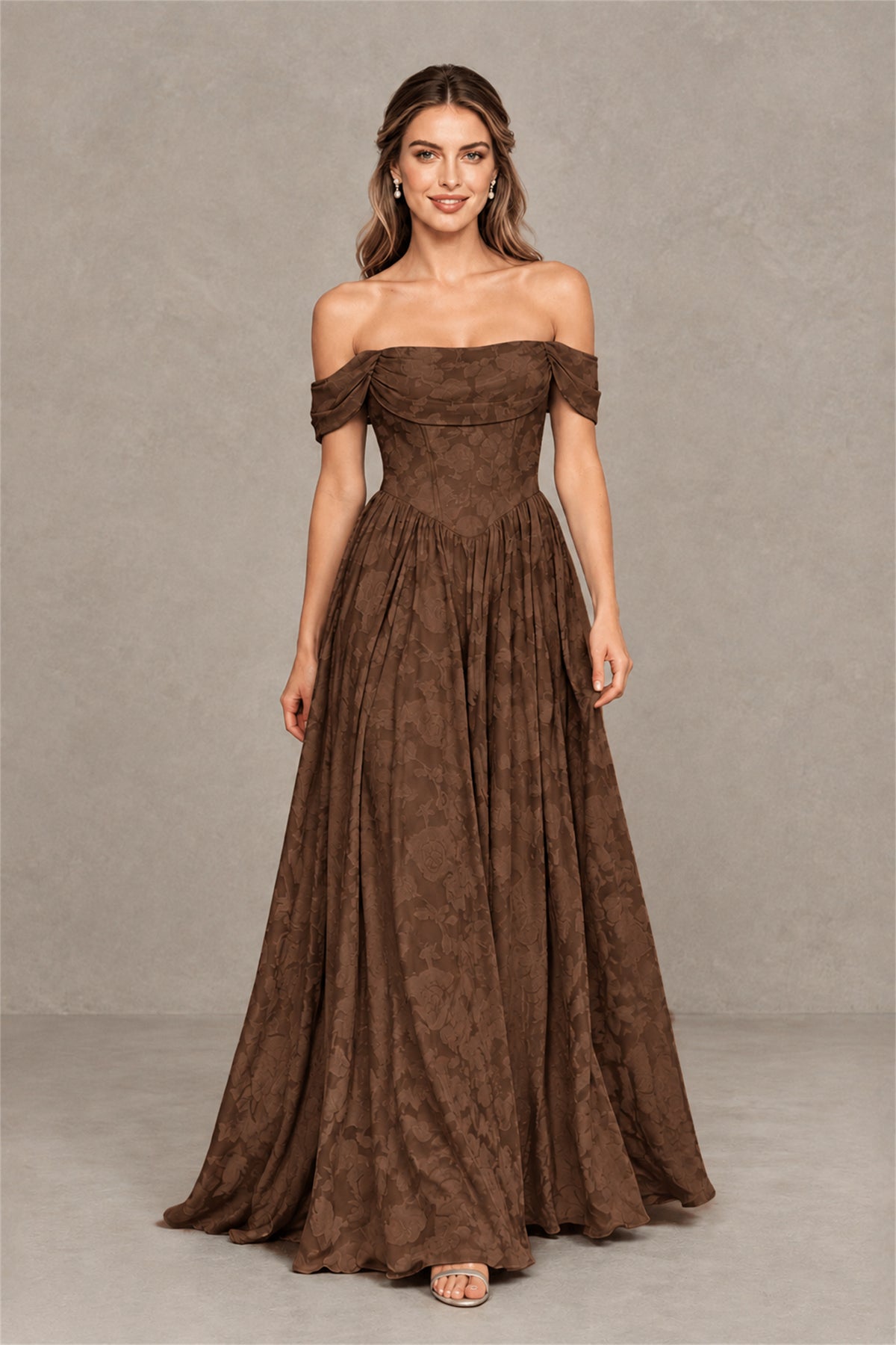 BOLODOO Chocolate Off-Shoulder Floral A-Line Maxi Dress - Chocolate