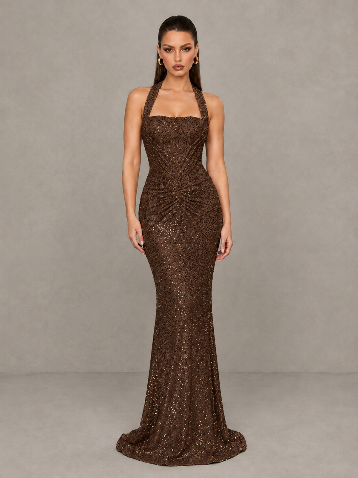 BOLODOO Chocolate Sequin Halter Mermaid Evening Gown - Chocolate - Chocolate (3)