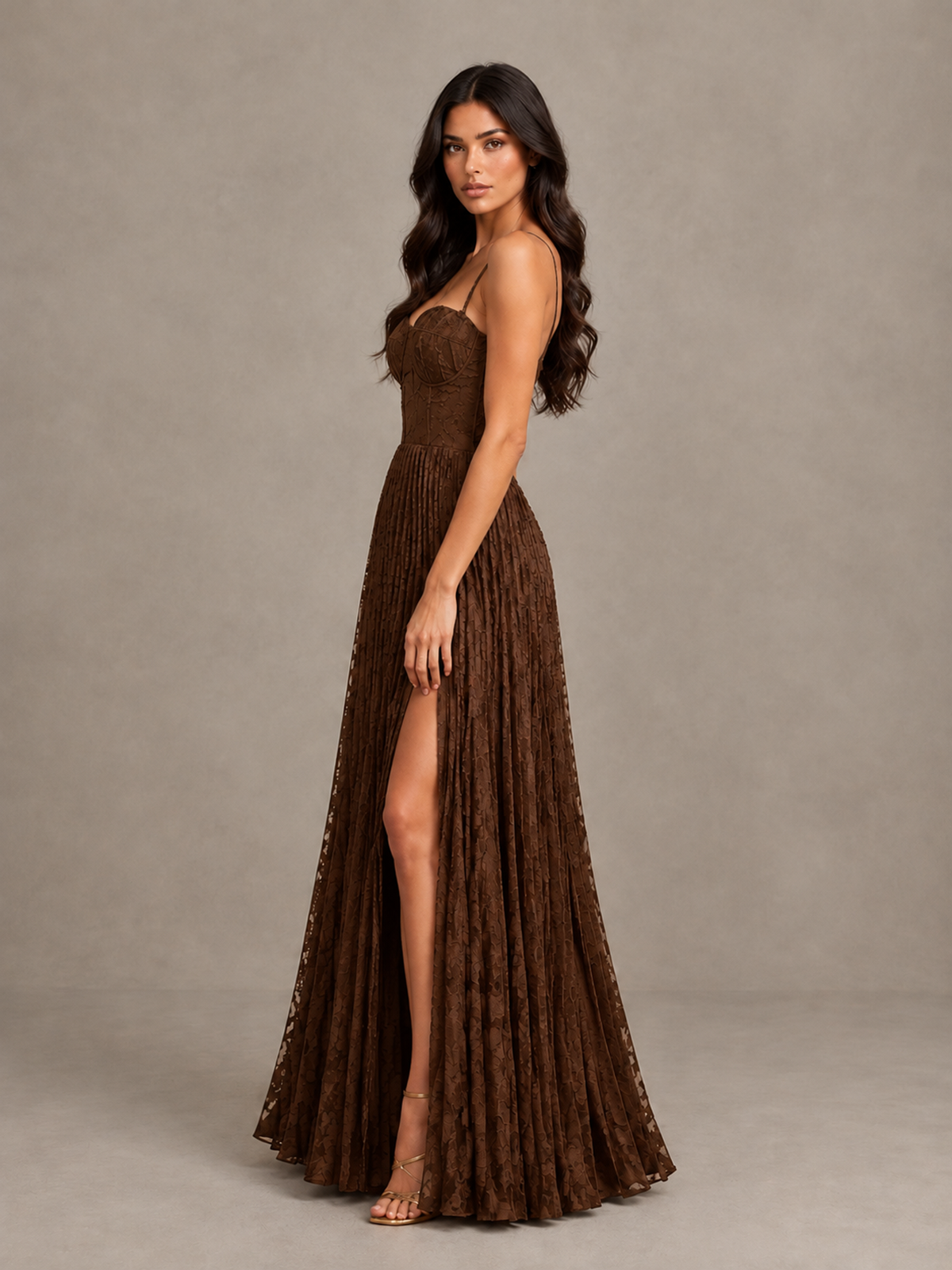 BOLODOO Chocolate Pleated Bridesmaid Dress with Sweetheart Neckline & Slit - Chocolate - Chocolate (3)