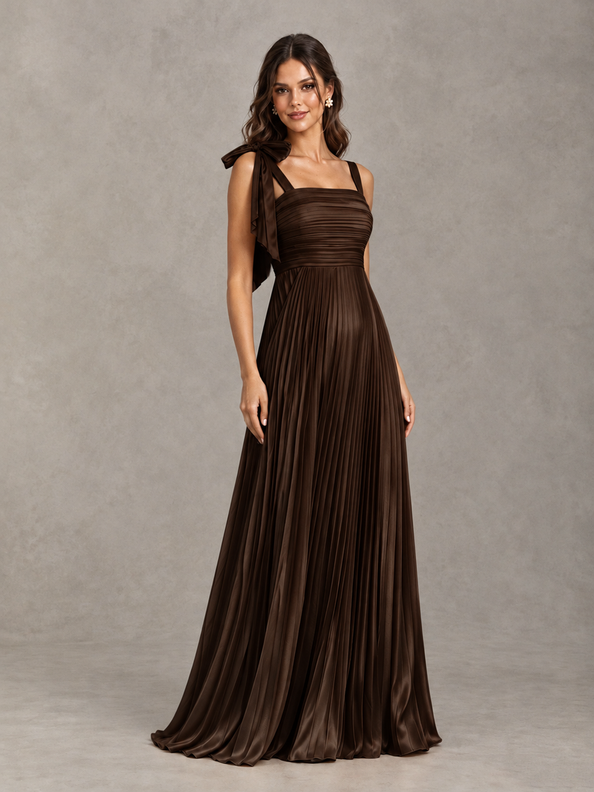 BOLODOO Chocolate Pleated Bow-Strap Bridesmaid Maxi Dress - Chocolate - Chocolate (4)