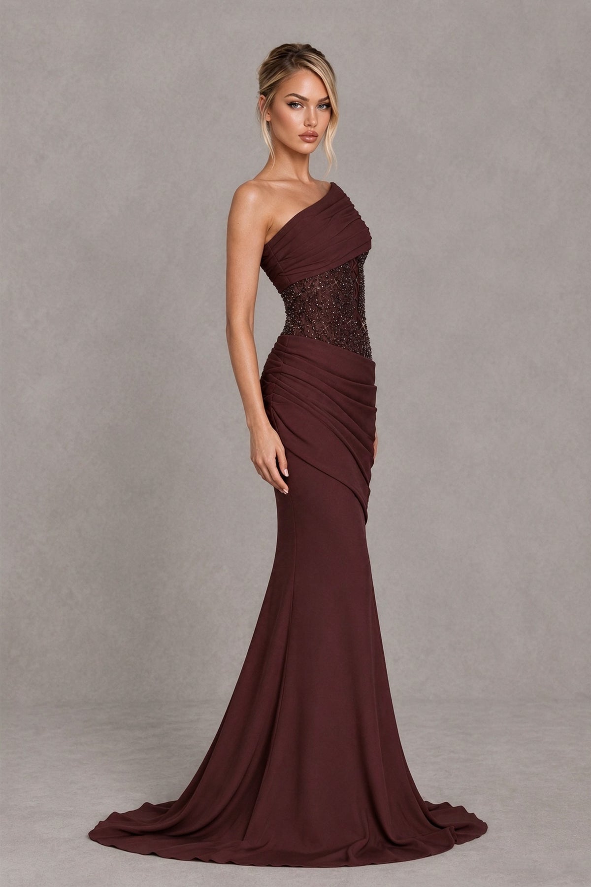 BOLODOO Chocolate One-Shoulder Sequin Embroidered Ruched Mermaid Gown with Train - Chocolate - Chocolate (4)