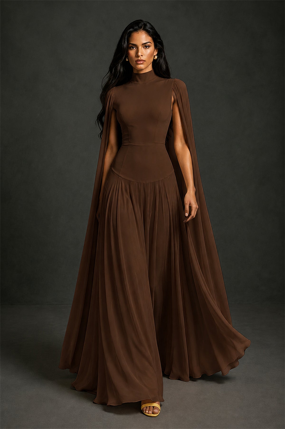 BOLODOO Chocolate Mock Neck Cape Sleeve A-Line Chiffon Maxi Dress - Chocolate - Chocolate (4)