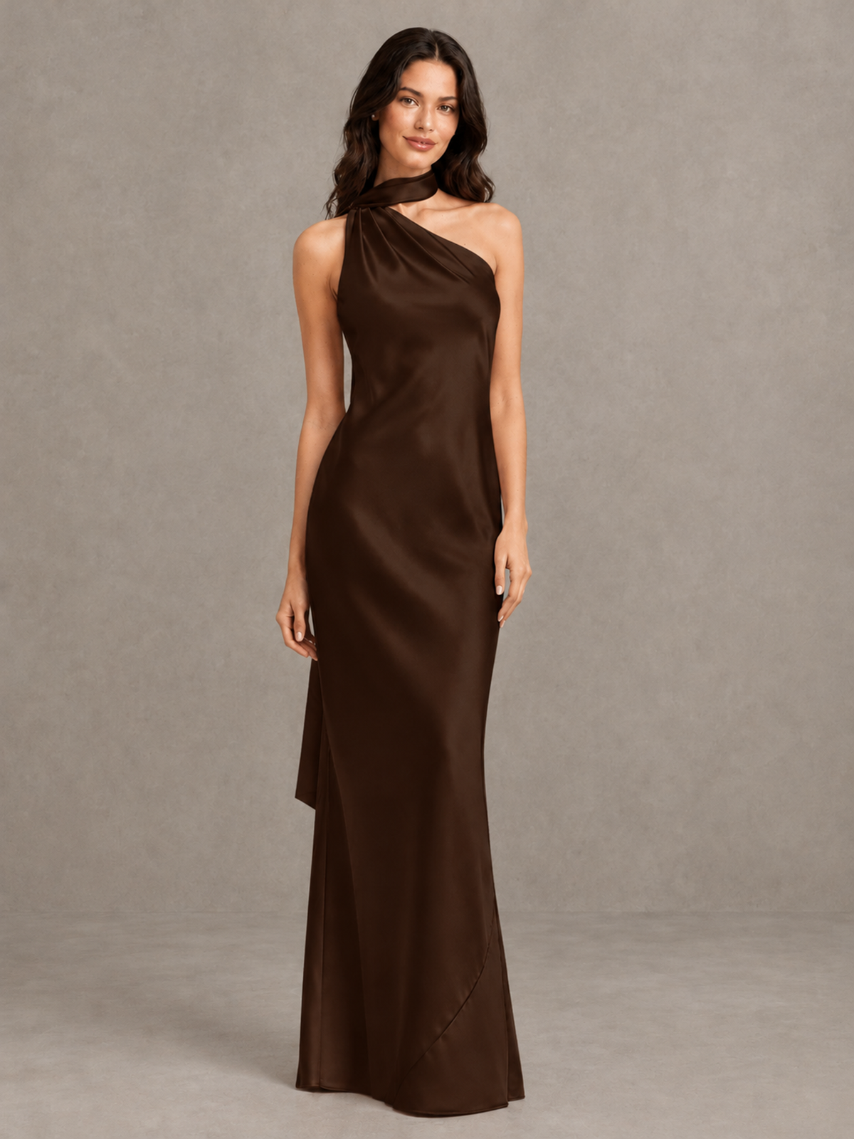 BOLODOO Chocolate Satin One-Shoulder Bridesmaid Dress with Open Back - Chocolate - Chocolate (4)
