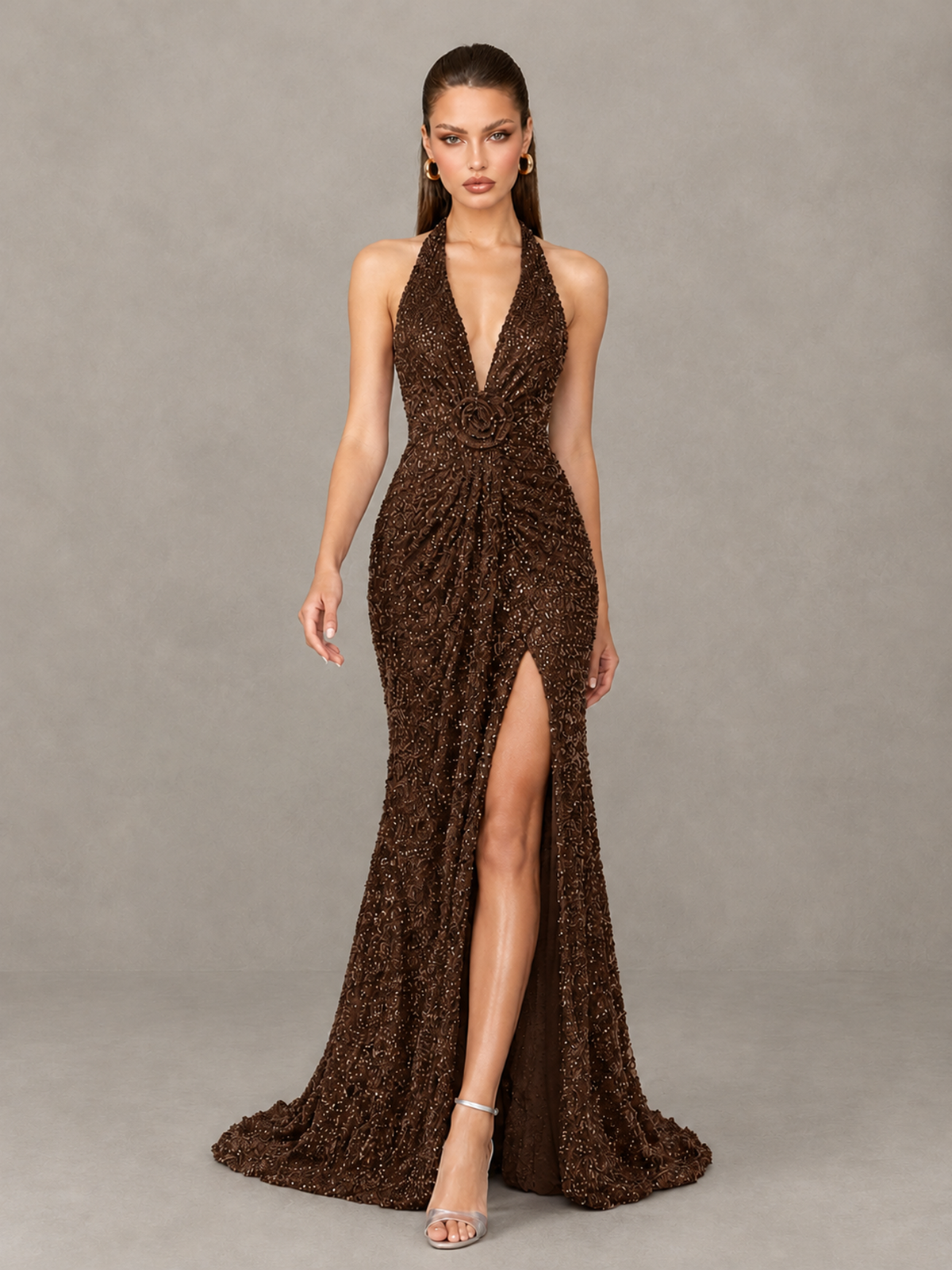 BOLODOO Chocolate Sequin Halter Open Back Evening Gown with High Slit - Chocolate - Chocolate (4)