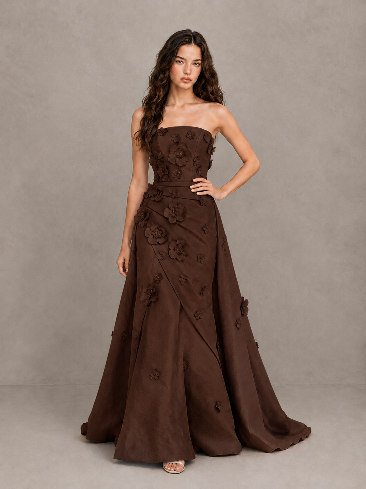 BOLODOO Chocolate Strapless 3D Floral Applique Prom Gown with Draped Skirt - Chocolate - Chocolate (4)