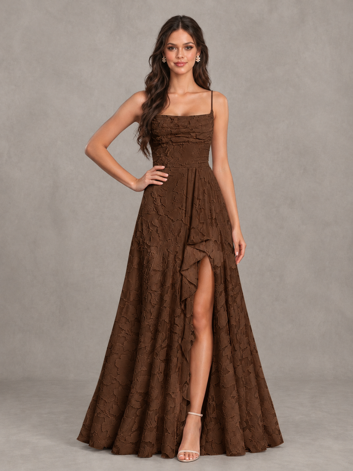 BOLODOO Chocolate Floral Appliqué Slit Maxi Dress - Chocolate - Chocolate (4)