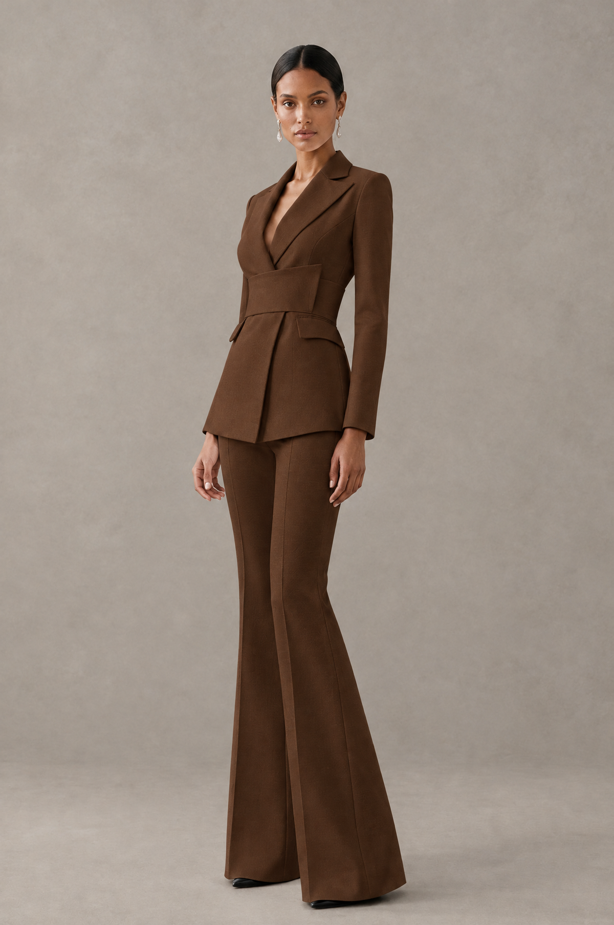BOLODOO Chocolate Two-Piece Pantsuit with Tailored Blazer & Flared Pants - Chocolate - Chocolate (4)