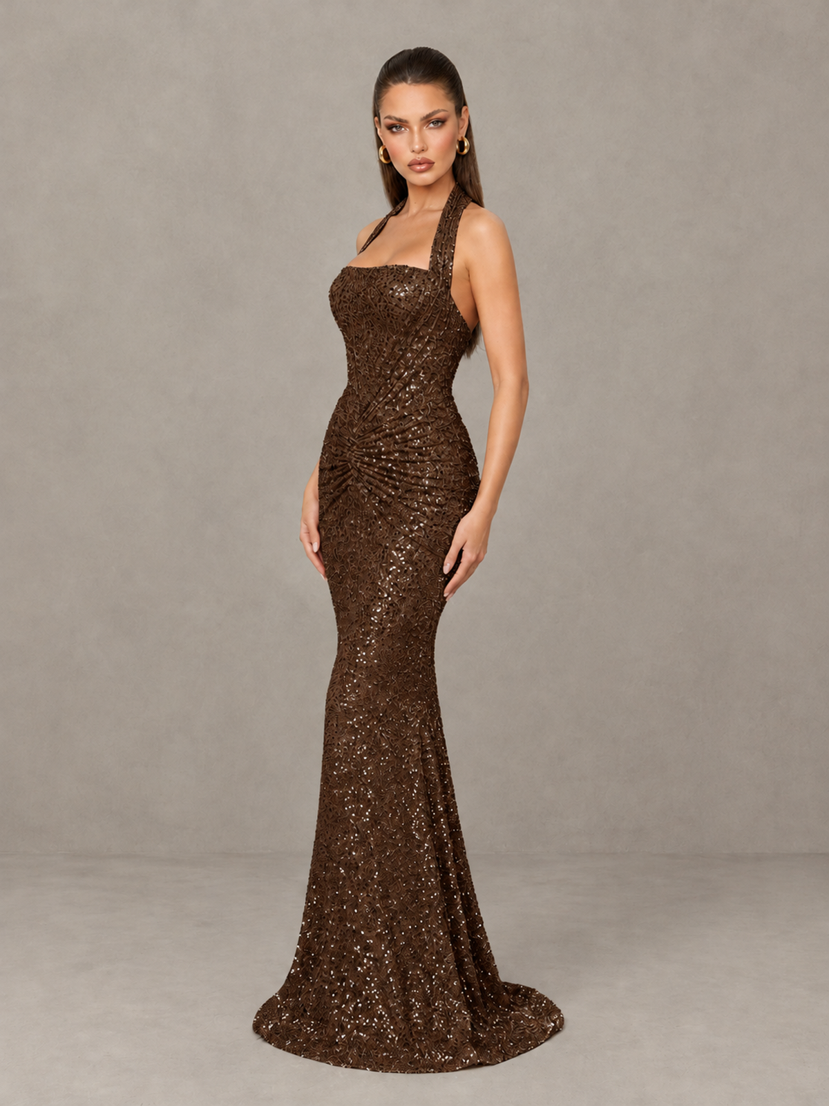 BOLODOO Chocolate Sequin Halter Mermaid Evening Gown - Chocolate - Chocolate (4)