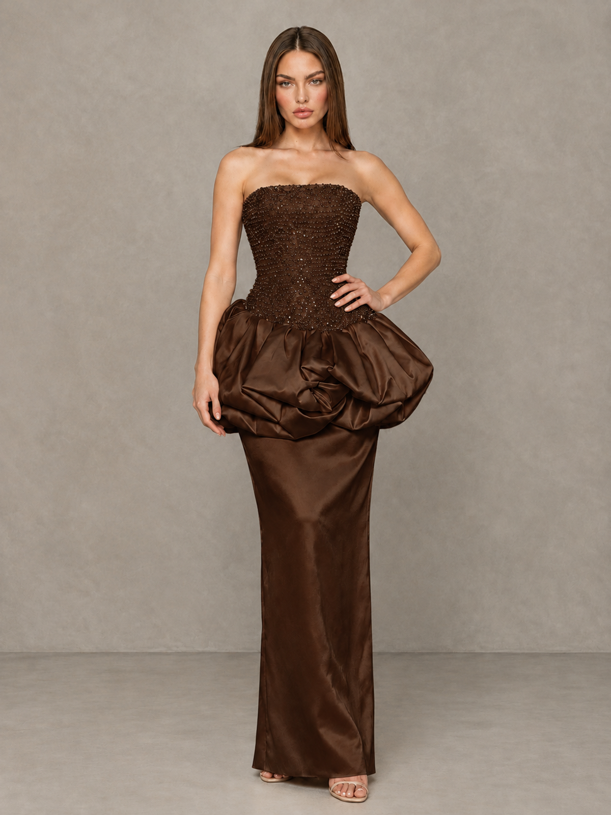 BOLODOO Chocolate Strapless Embellished Bubble Peplum Evening Dress - Chocolate - Chocolate (4)