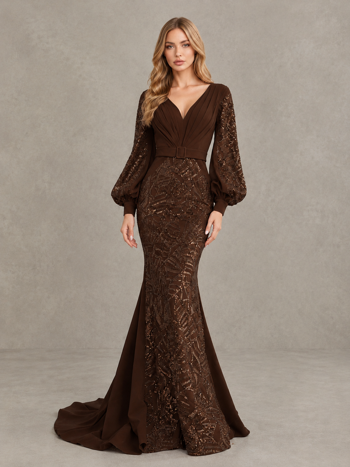 BOLODOO Chocolate Sequin Long Bishop Sleeve Mermaid Evening Dress - Chocolate - Chocolate (4)