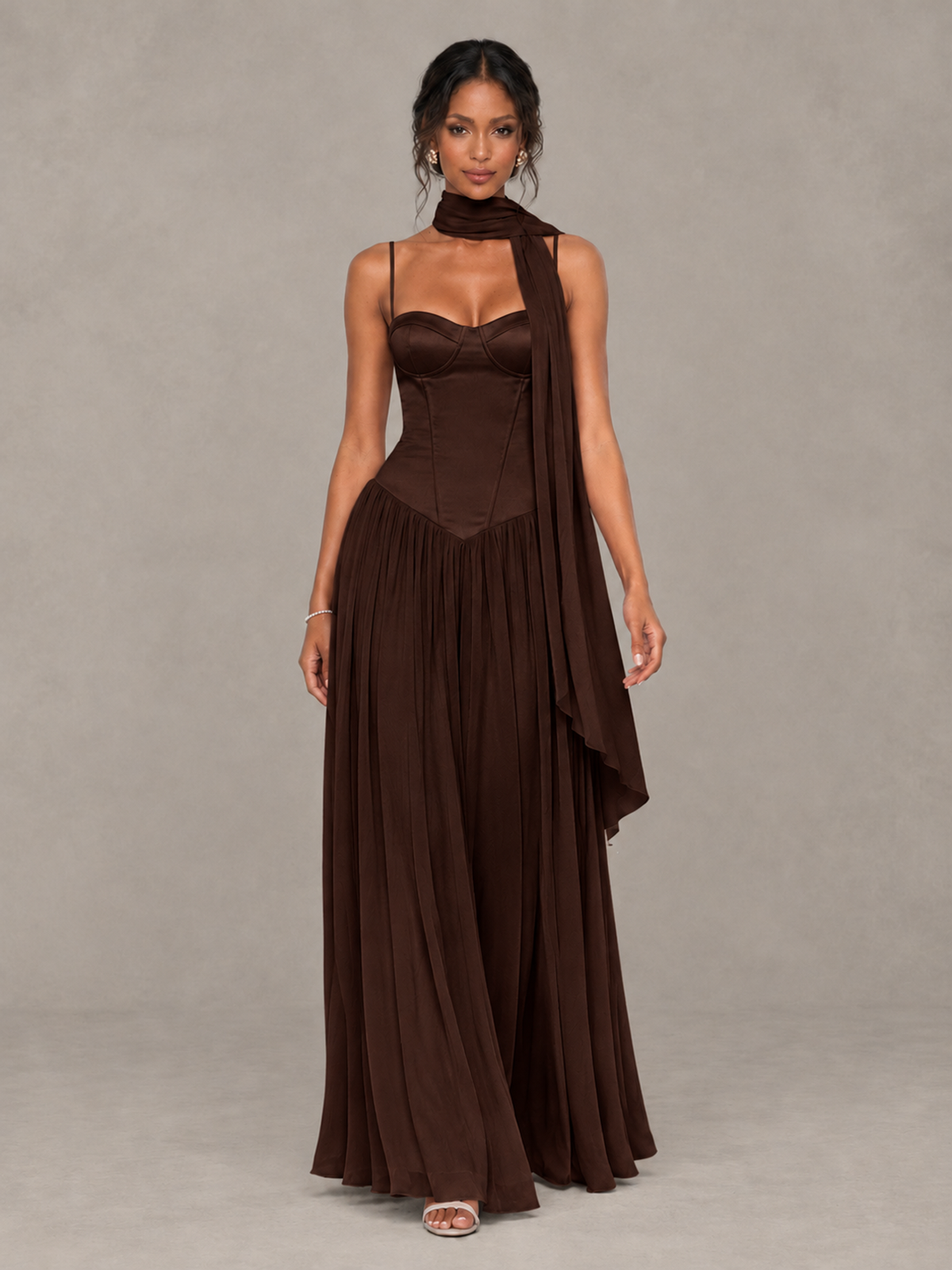 BOLODOO Chocolate Corset Bridesmaid Dress with Scarf - Chocolate - Chocolate (4)