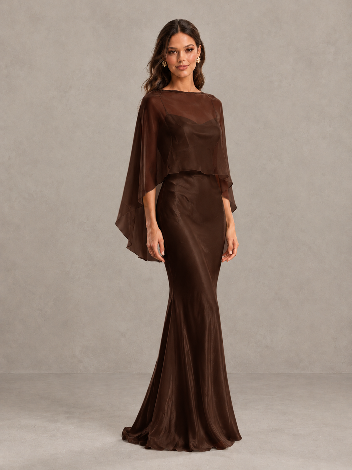 BOLODOO Chocolate Satin Mermaid Bridesmaid Dress with Chiffon Cape - Chocolate - Chocolate (4)