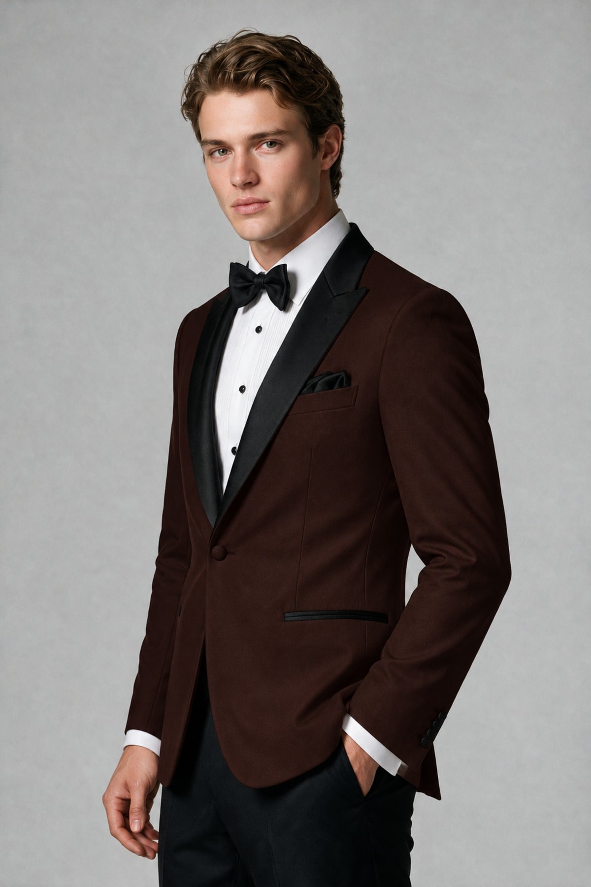 BOLODOO Men's Chocolate Single-Button Tuxedo Blazer & Black Trousers 2-Piece Suit Set - Chocolate - Chocolate (4)