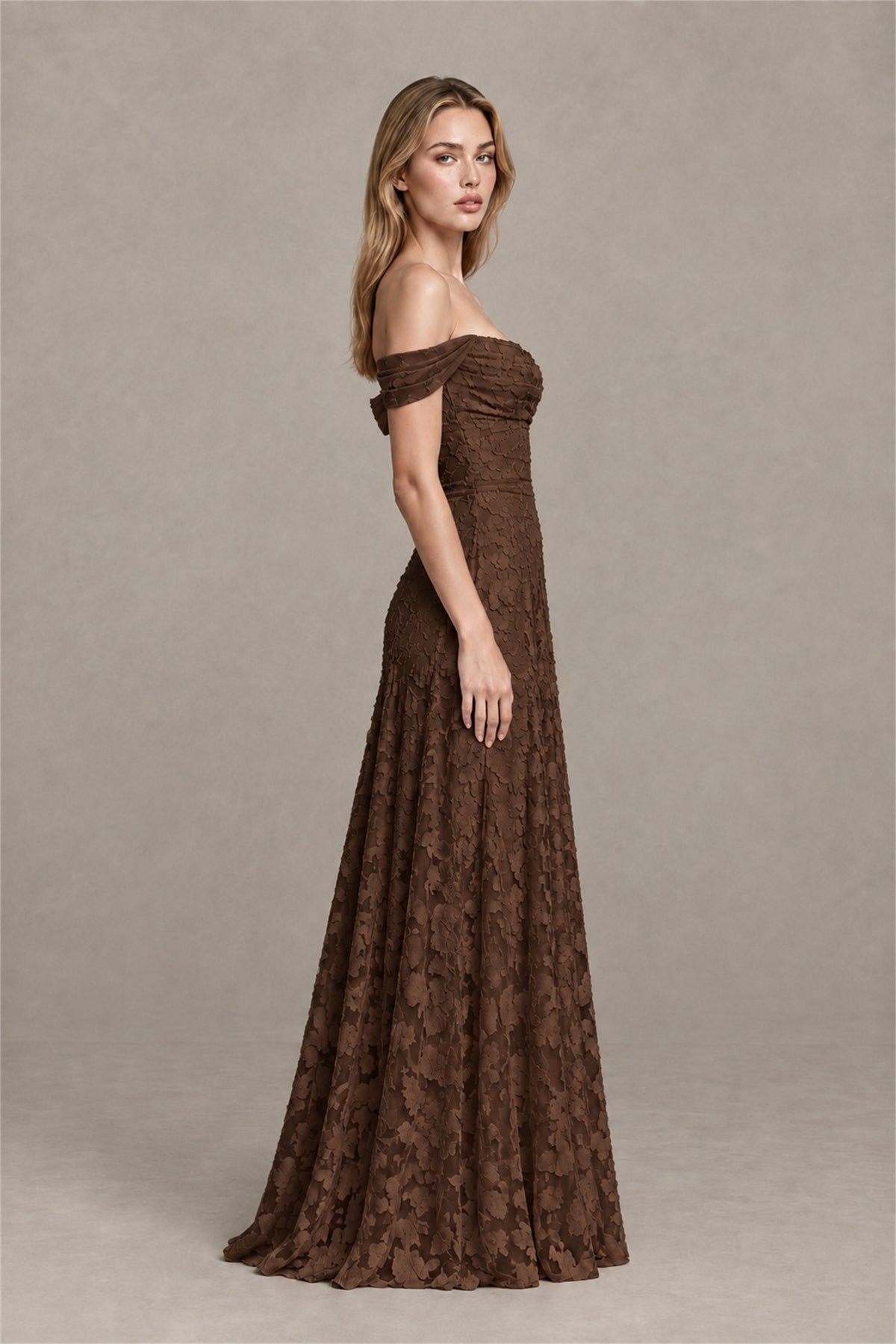 BOLODOO Chocolate Off-Shoulder Pleated A-Line Maxi Dress Floral - Chocolate