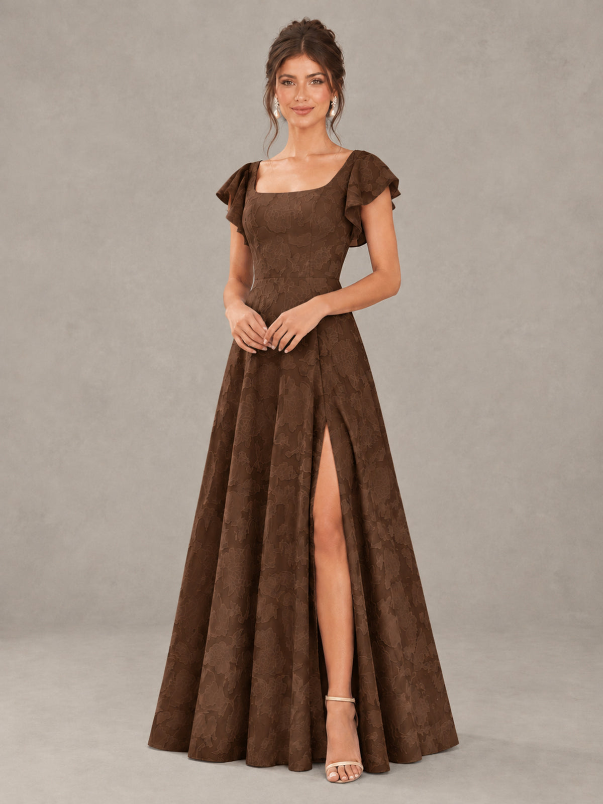 BOLODOO Chocolate Floral Flutter Sleeve Bridesmaid Dress with Slit - Chocolate - Chocolate (4)