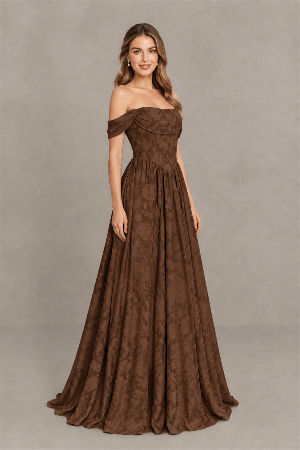 BOLODOO Chocolate Off-Shoulder Floral A-Line Maxi Dress - Chocolate