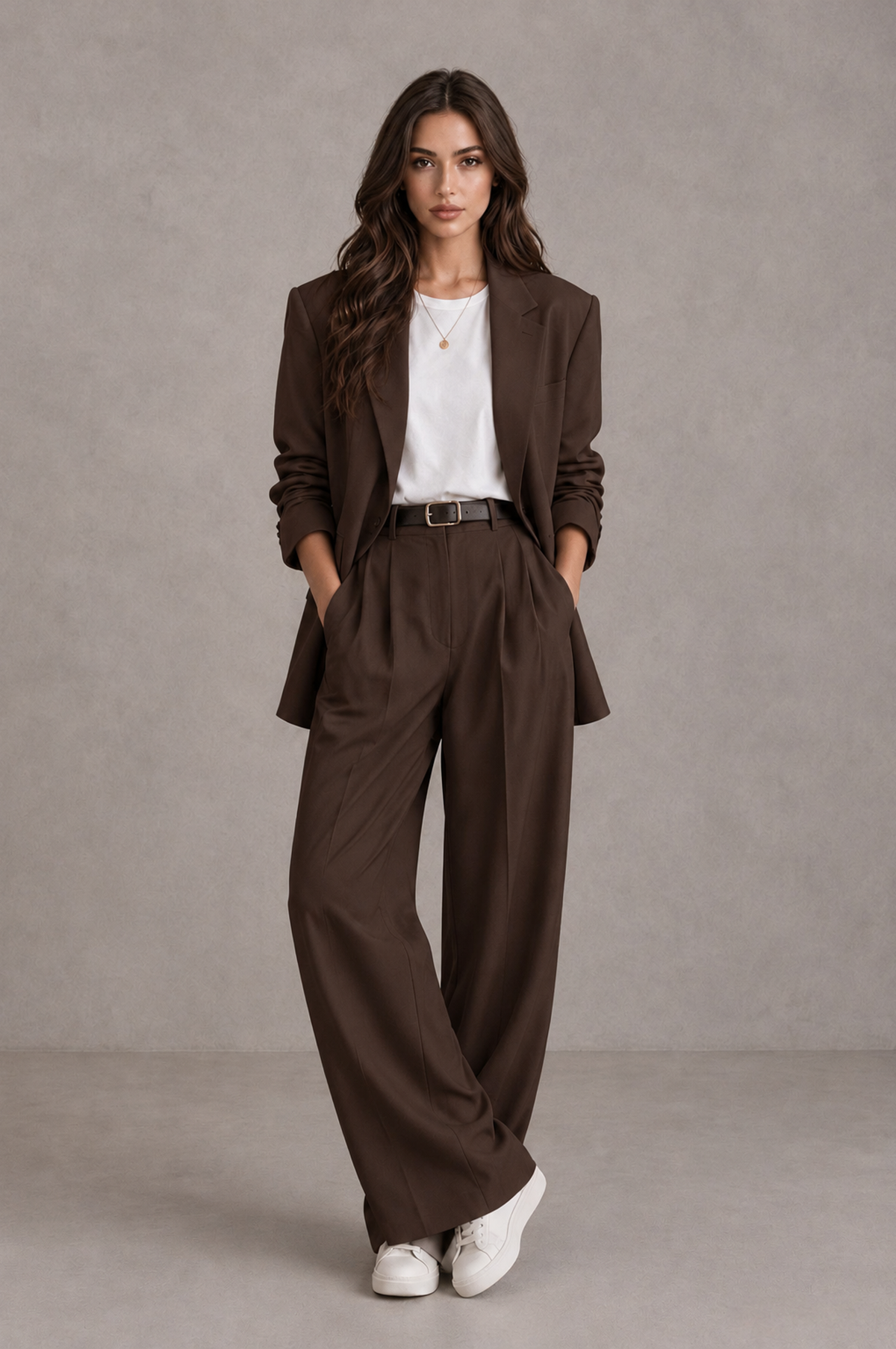 BOLODOO QQ085 chocolate brown women's blazer and wide-leg pants suit front view
