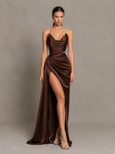 BOLODOO Chocolate Strapless Satin High-Slit Lace-Up Prom Dress 