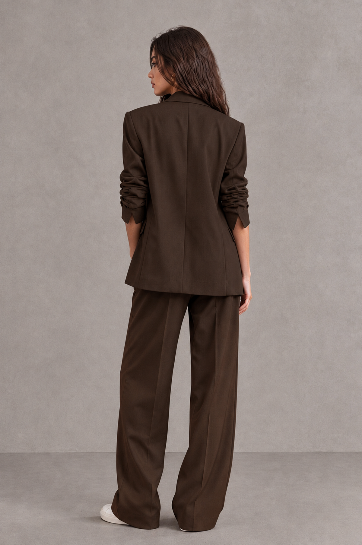 BOLODOO chocolate brown women's pantsuit back view showing covered-back blazer