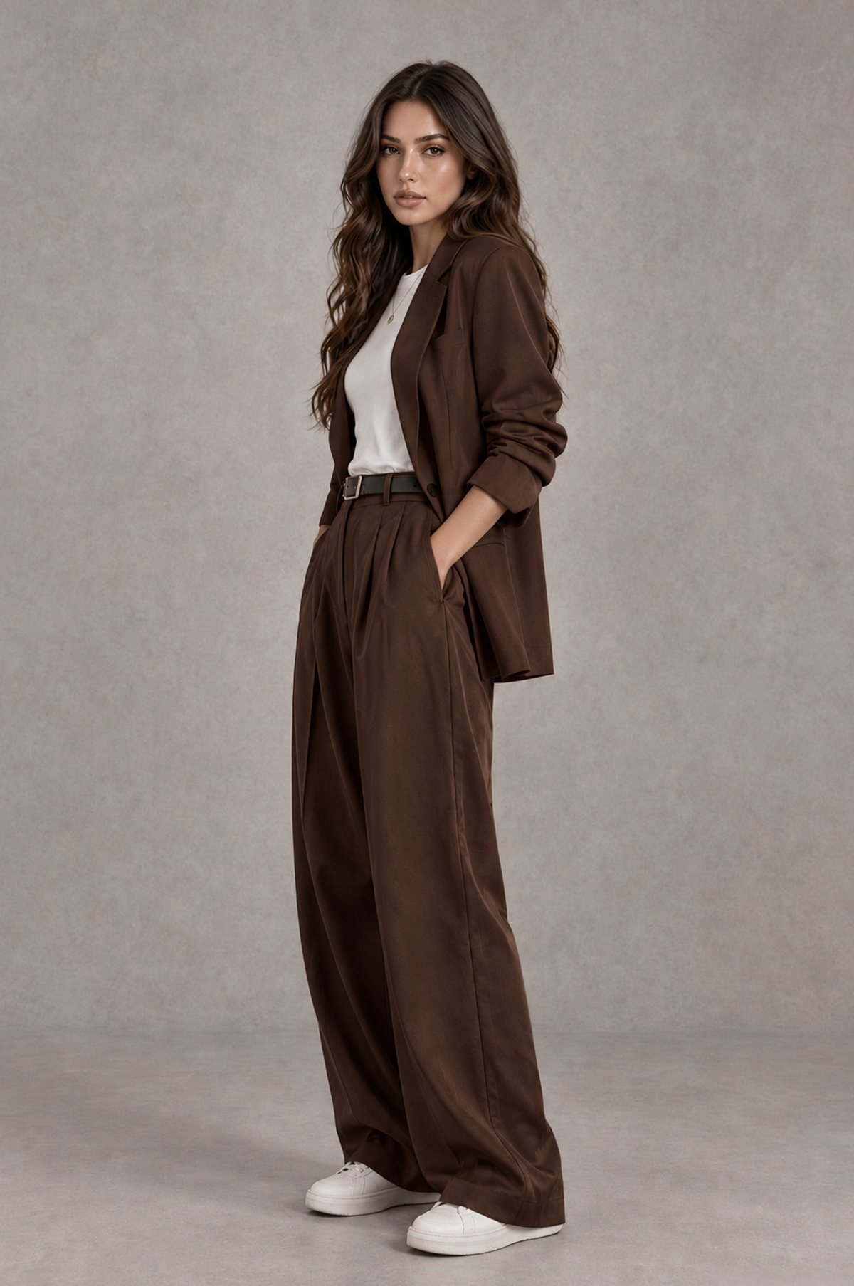 BOLODOO chocolate brown longline blazer and full-length wide-leg trousers side view